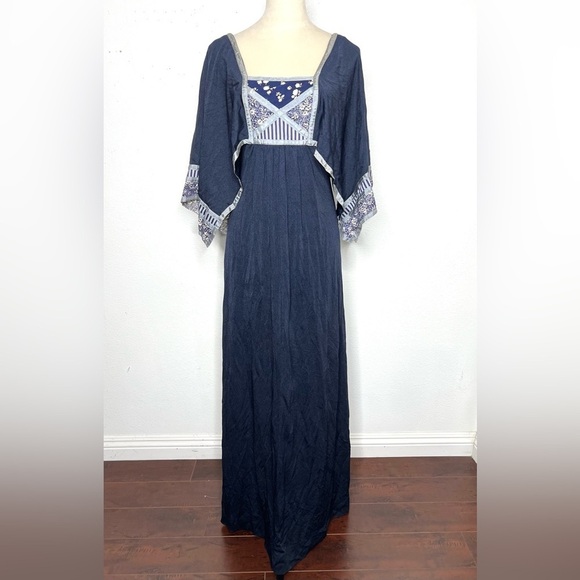 VINTAGE B. Altman & Co 1970s Maxi Dress Gown Navy Silver Calico Vtg 70s Prairie - Picture 1 of 16